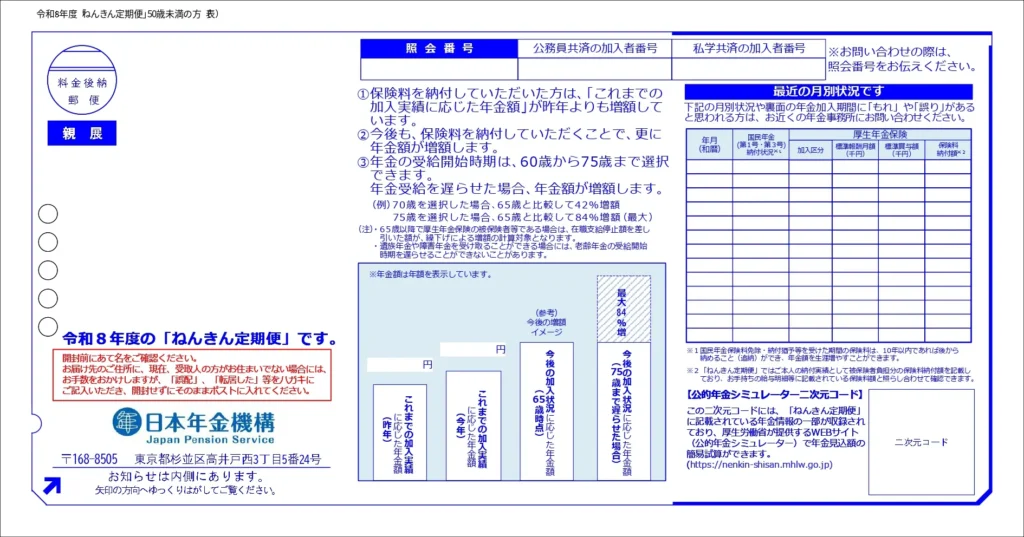 ねんきん定期便(50歳未満の方)見本